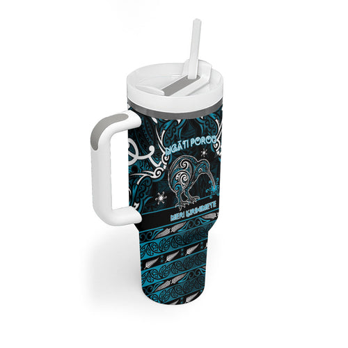 Personalised Ngati Porou Aotearoa Meri Kirihimete Tumbler With Handle Maori Kiwi Bird Silver Fern Koru Pattern