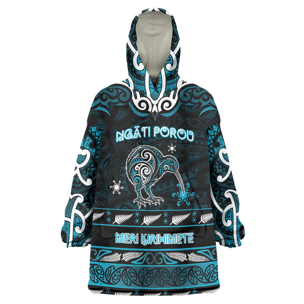 Personalised Ngati Porou Aotearoa Meri Kirihimete Wearable Blanket Hoodie Maori Kiwi Bird Silver Fern Koru Pattern