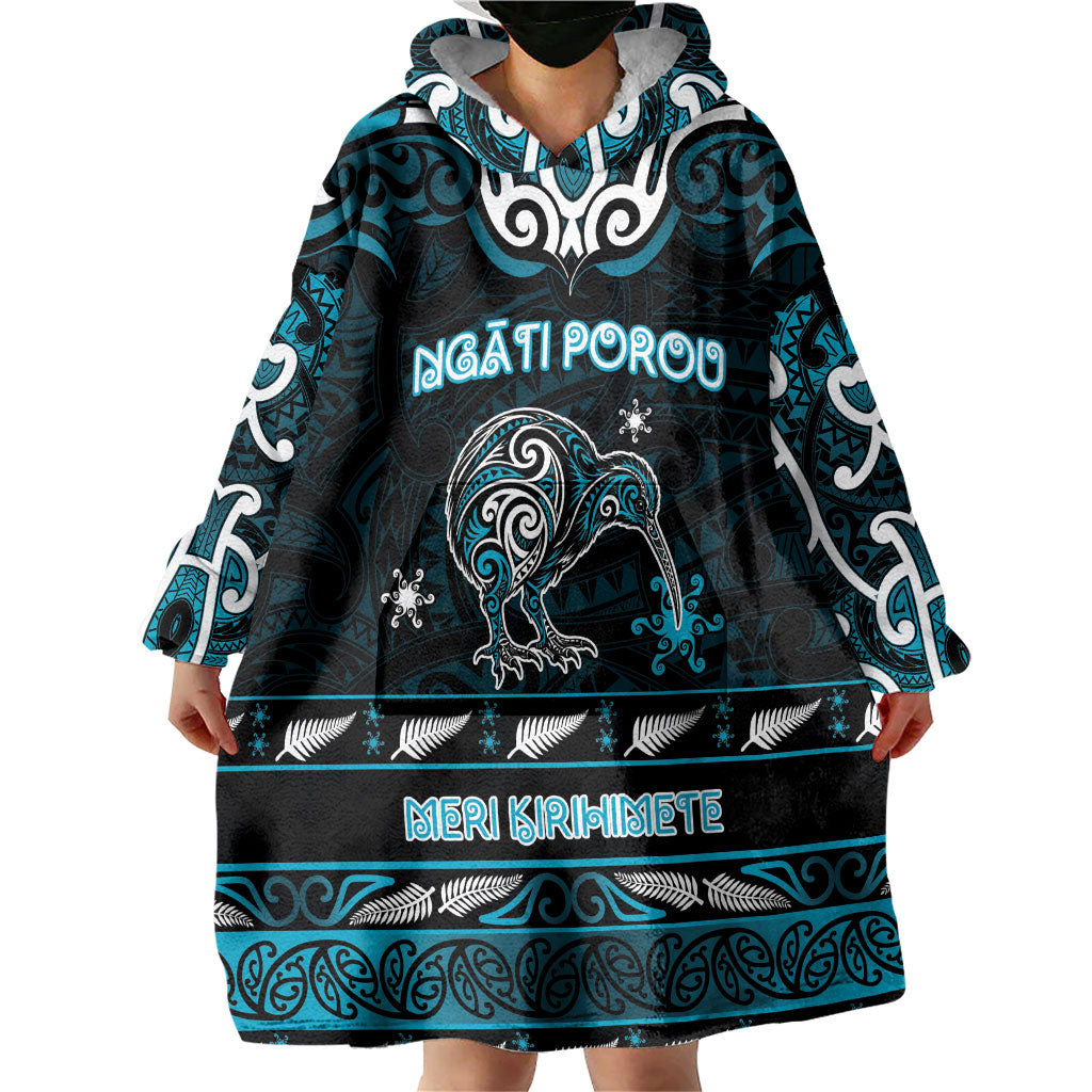 Personalised Ngati Porou Aotearoa Meri Kirihimete Wearable Blanket Hoodie Maori Kiwi Bird Silver Fern Koru Pattern