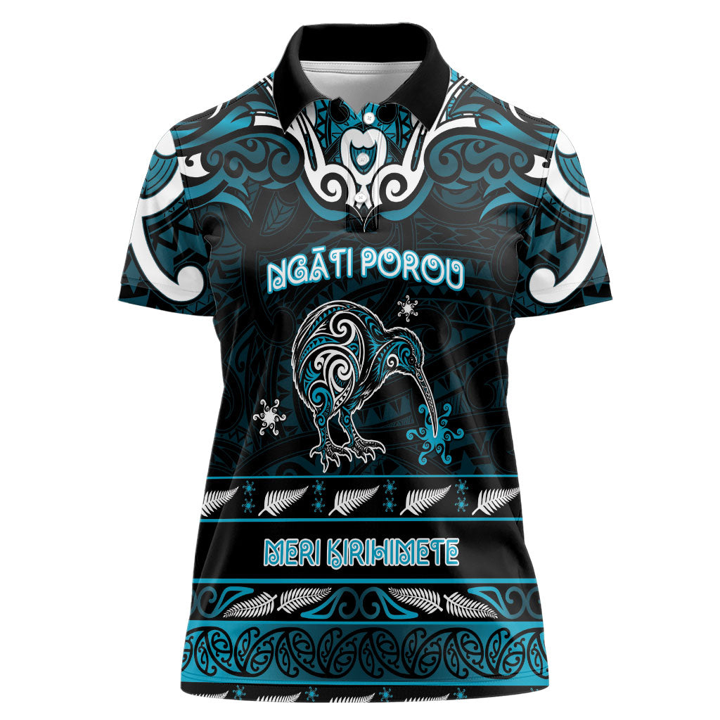 Personalised Ngati Porou Aotearoa Meri Kirihimete Women Polo Shirt Maori Kiwi Bird Silver Fern Koru Pattern