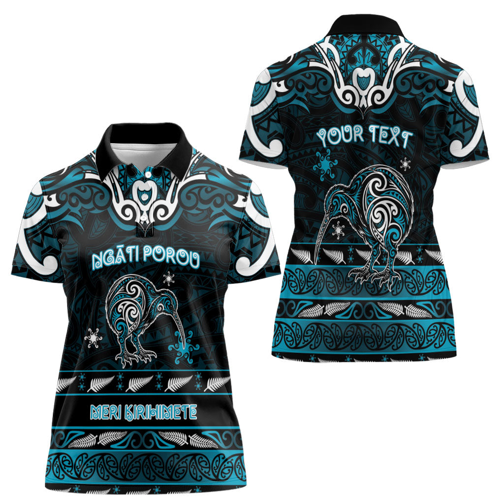 Personalised Ngati Porou Aotearoa Meri Kirihimete Women Polo Shirt Maori Kiwi Bird Silver Fern Koru Pattern