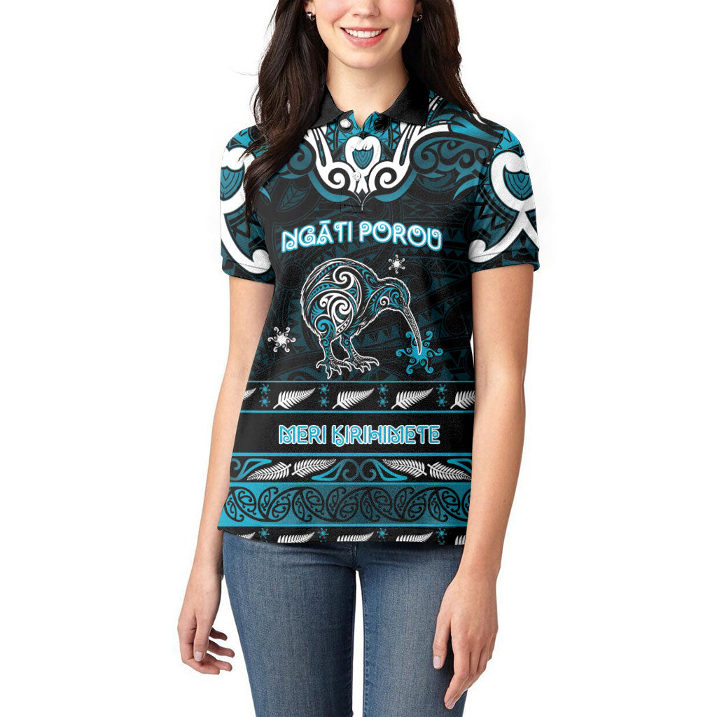 Personalised Ngati Porou Aotearoa Meri Kirihimete Women Polo Shirt Maori Kiwi Bird Silver Fern Koru Pattern