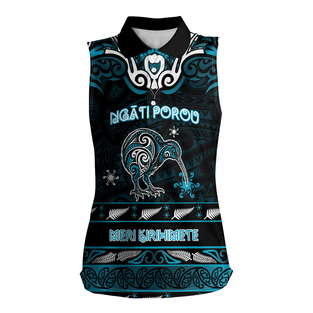 Personalised Ngati Porou Aotearoa Meri Kirihimete Women Sleeveless Polo Shirt Maori Kiwi Bird Silver Fern Koru Pattern