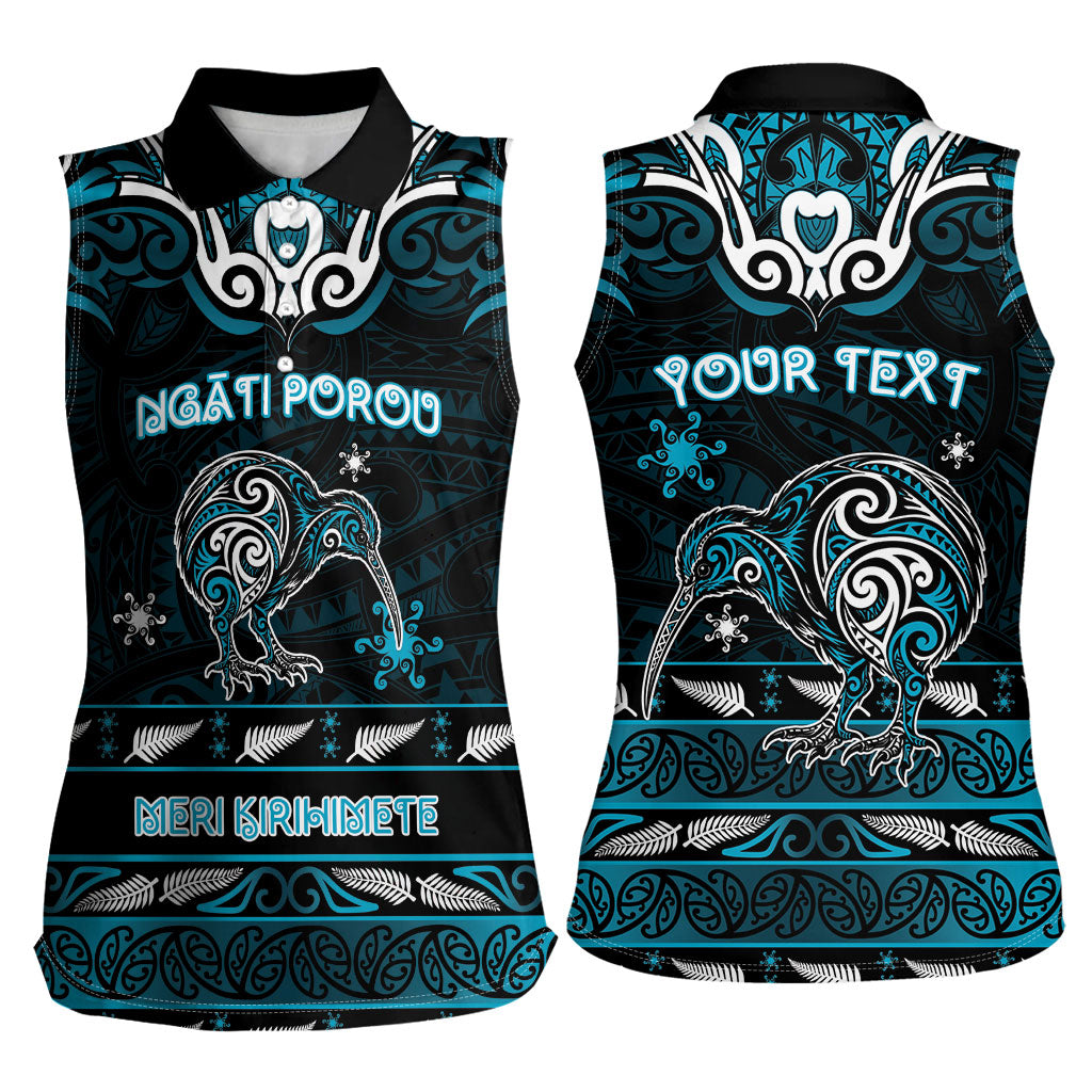 Personalised Ngati Porou Aotearoa Meri Kirihimete Women Sleeveless Polo Shirt Maori Kiwi Bird Silver Fern Koru Pattern