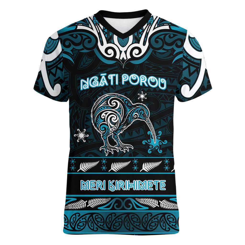 Personalised Ngati Porou Aotearoa Meri Kirihimete Women V-Neck T-Shirt Maori Kiwi Bird Silver Fern Koru Pattern