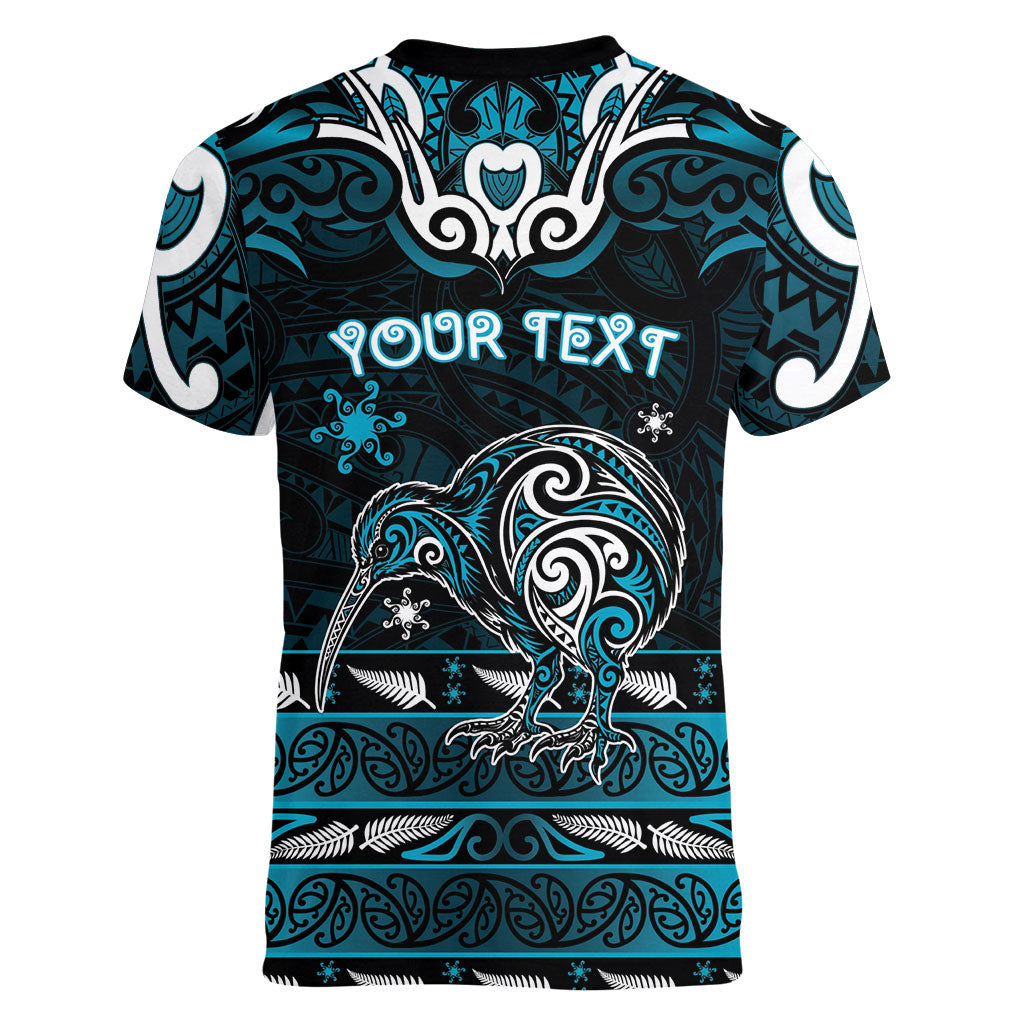 Personalised Ngati Porou Aotearoa Meri Kirihimete Women V-Neck T-Shirt Maori Kiwi Bird Silver Fern Koru Pattern