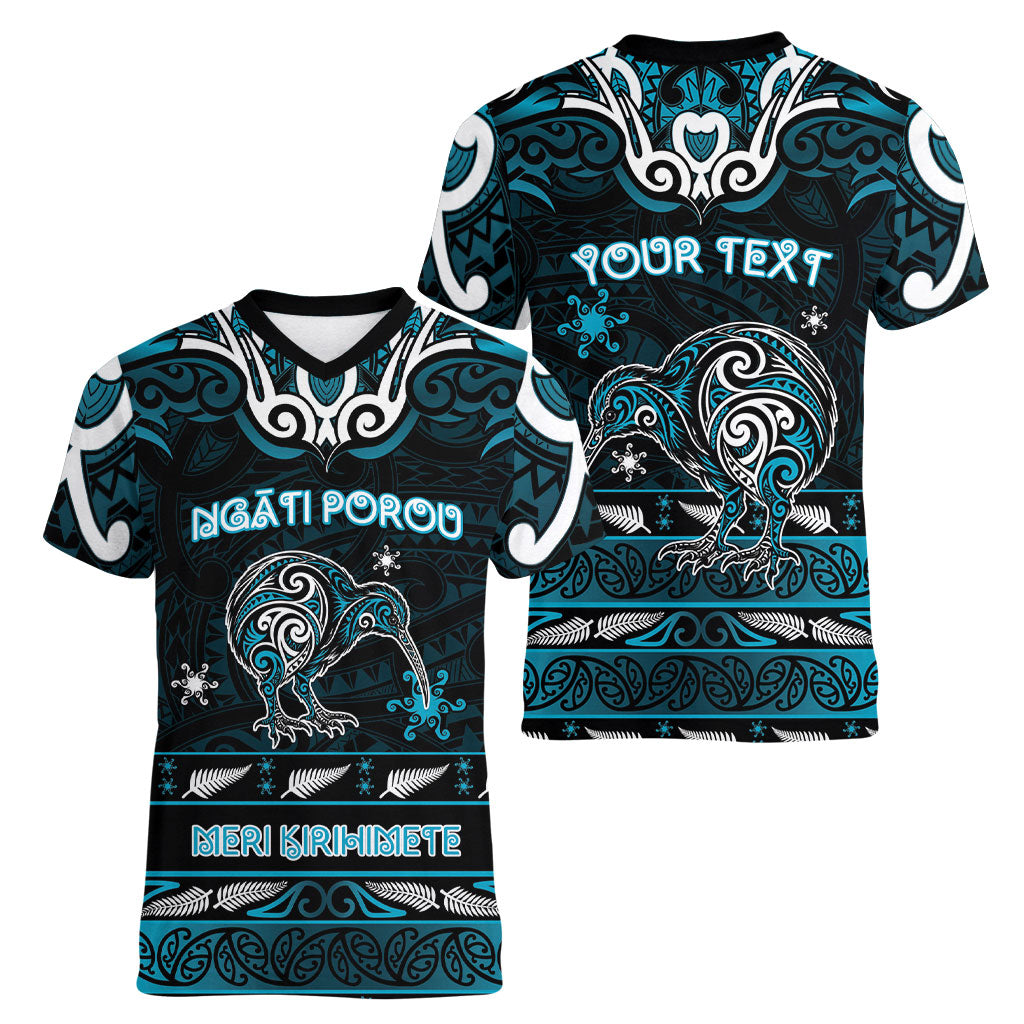 Personalised Ngati Porou Aotearoa Meri Kirihimete Women V-Neck T-Shirt Maori Kiwi Bird Silver Fern Koru Pattern