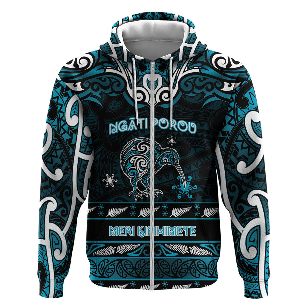 Personalised Ngati Porou Aotearoa Meri Kirihimete Zip Hoodie Maori Kiwi Bird Silver Fern Koru Pattern