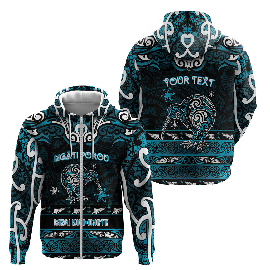 Personalised Ngati Porou Aotearoa Meri Kirihimete Zip Hoodie Maori Kiwi Bird Silver Fern Koru Pattern