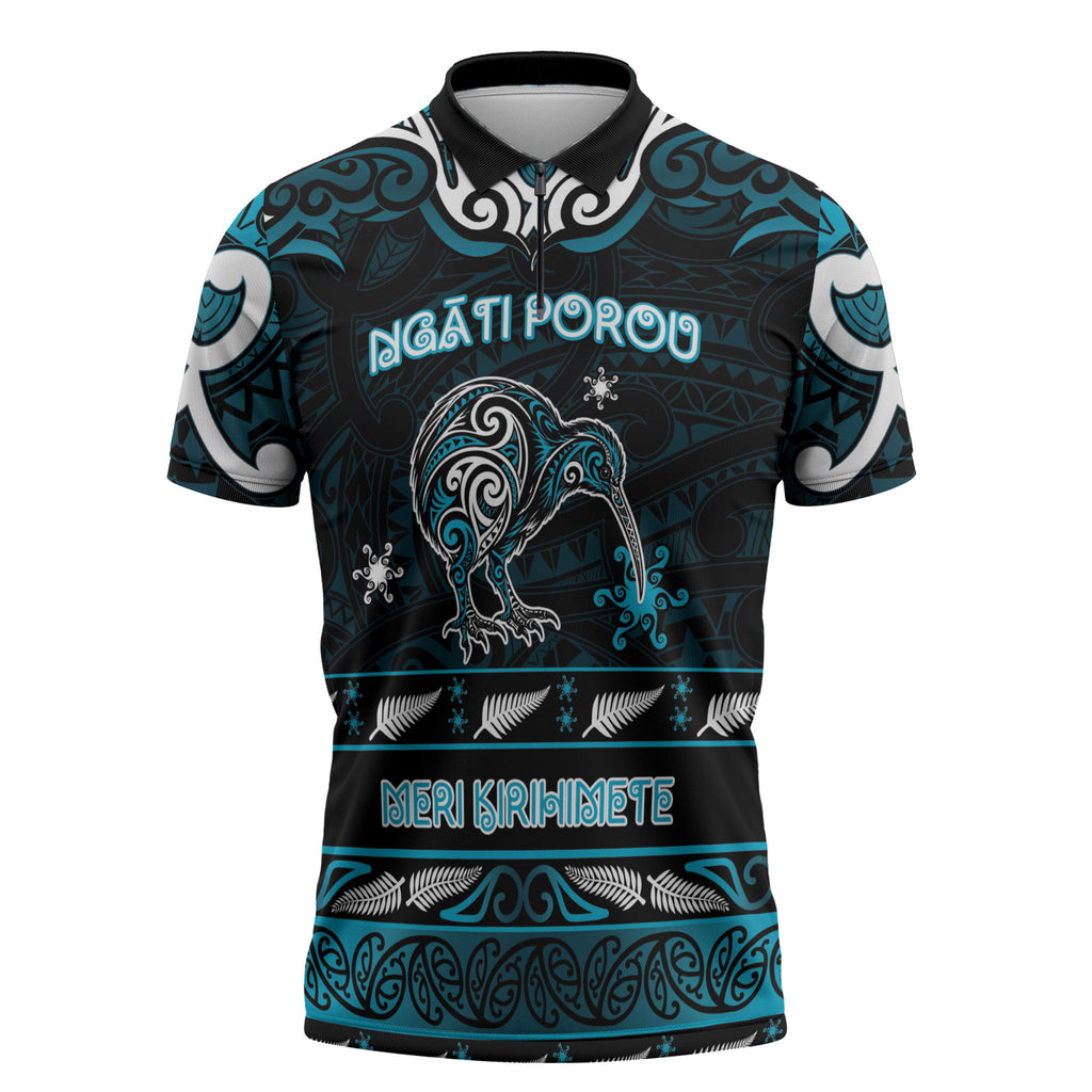 Personalised Ngati Porou Aotearoa Meri Kirihimete Zipper Polo Shirt Maori Kiwi Bird Silver Fern Koru Pattern