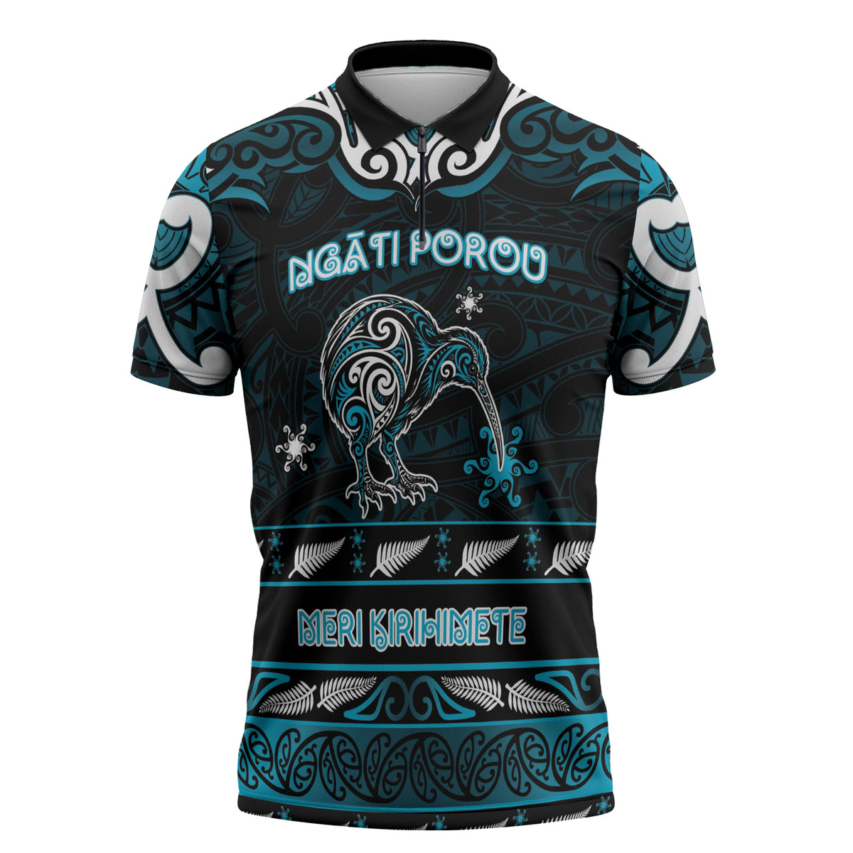 Personalised Ngati Porou Aotearoa Meri Kirihimete Zipper Polo Shirt Maori Kiwi Bird Silver Fern Koru Pattern