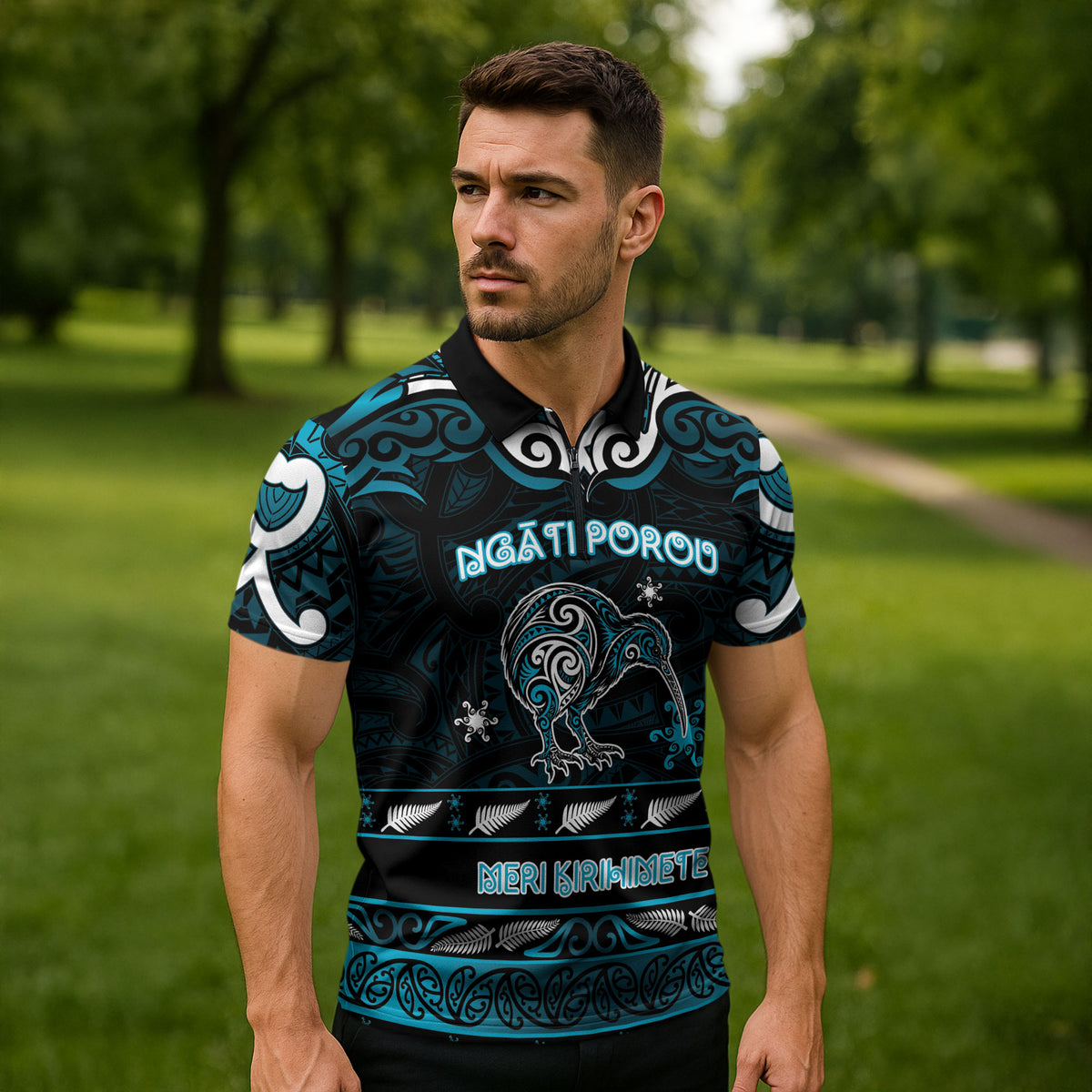 Personalised Ngati Porou Aotearoa Meri Kirihimete Zipper Polo Shirt Maori Kiwi Bird Silver Fern Koru Pattern