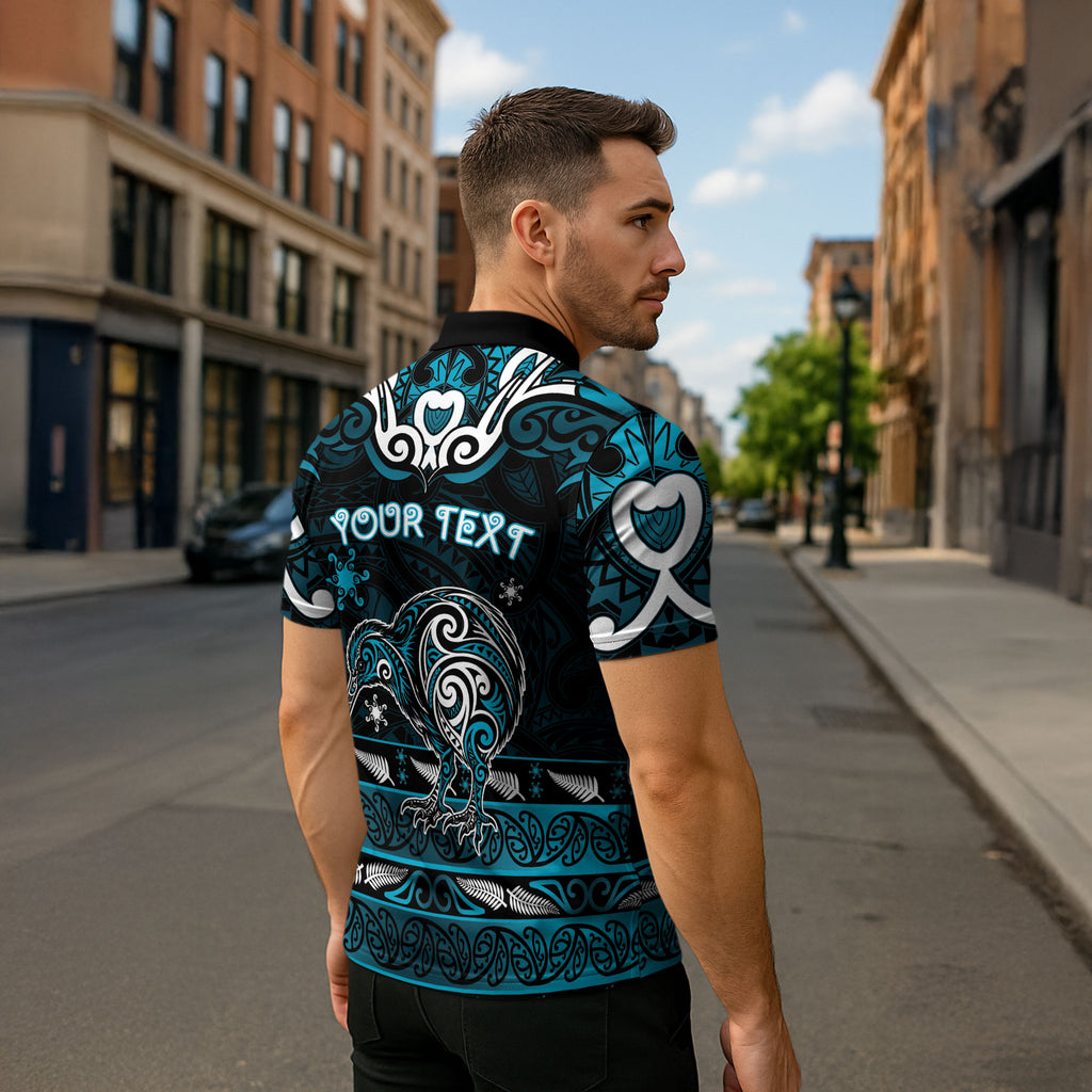 Personalised Ngati Porou Aotearoa Meri Kirihimete Zipper Polo Shirt Maori Kiwi Bird Silver Fern Koru Pattern