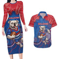 Custom Bulldogs Football Couples Matching Long Sleeve Bodycon Dress and Hawaiian Shirt Aboriginal Dot Art Pattern