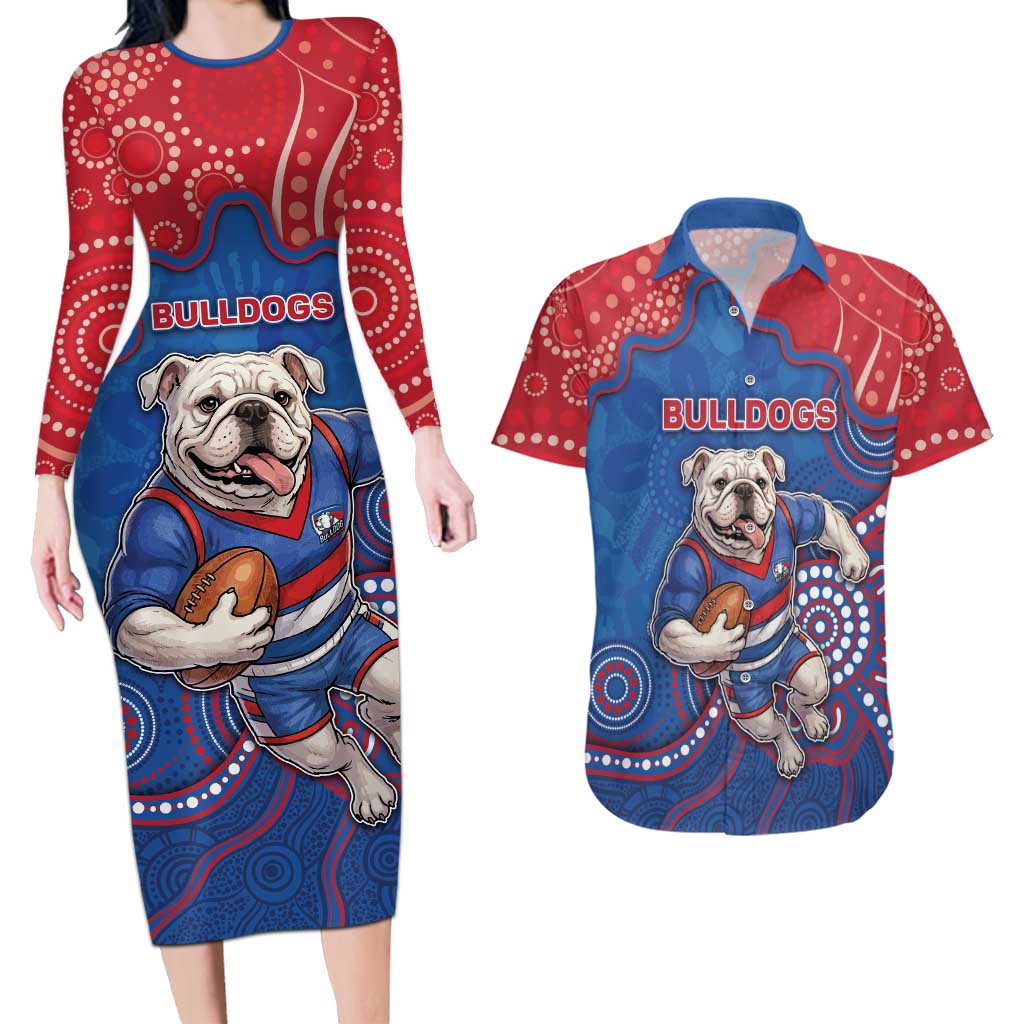 Custom Bulldogs Football Couples Matching Long Sleeve Bodycon Dress and Hawaiian Shirt Aboriginal Dot Art Pattern