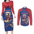 Custom Bulldogs Football Couples Matching Long Sleeve Bodycon Dress and Long Sleeve Button Shirt Aboriginal Dot Art Pattern