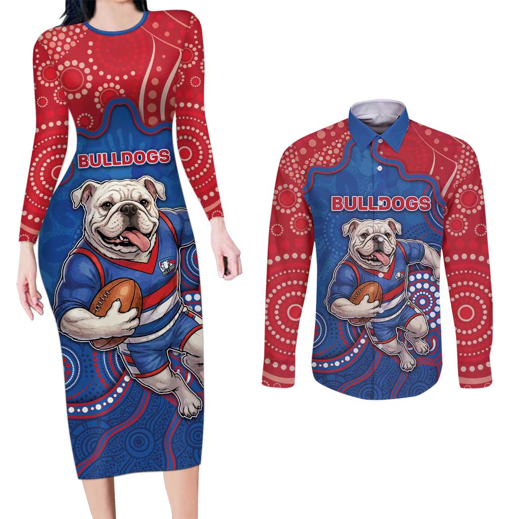Custom Bulldogs Football Couples Matching Long Sleeve Bodycon Dress and Long Sleeve Button Shirt Aboriginal Dot Art Pattern