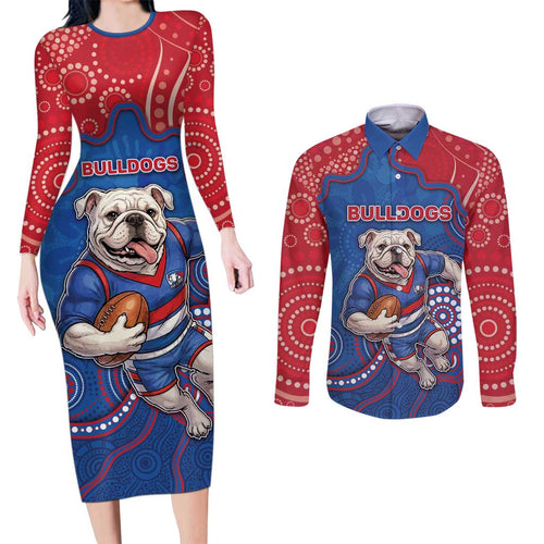 Custom Bulldogs Football Couples Matching Long Sleeve Bodycon Dress and Long Sleeve Button Shirt Aboriginal Dot Art Pattern