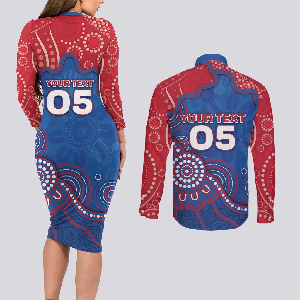 Custom Bulldogs Football Couples Matching Long Sleeve Bodycon Dress and Long Sleeve Button Shirt Aboriginal Dot Art Pattern