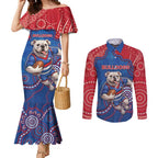 Custom Bulldogs Football Couples Matching Mermaid Dress and Long Sleeve Button Shirt Aboriginal Dot Art Pattern