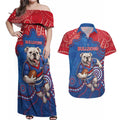Custom Bulldogs Football Couples Matching Off Shoulder Maxi Dress and Hawaiian Shirt Aboriginal Dot Art Pattern