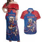 Custom Bulldogs Football Couples Matching Off Shoulder Maxi Dress and Hawaiian Shirt Aboriginal Dot Art Pattern