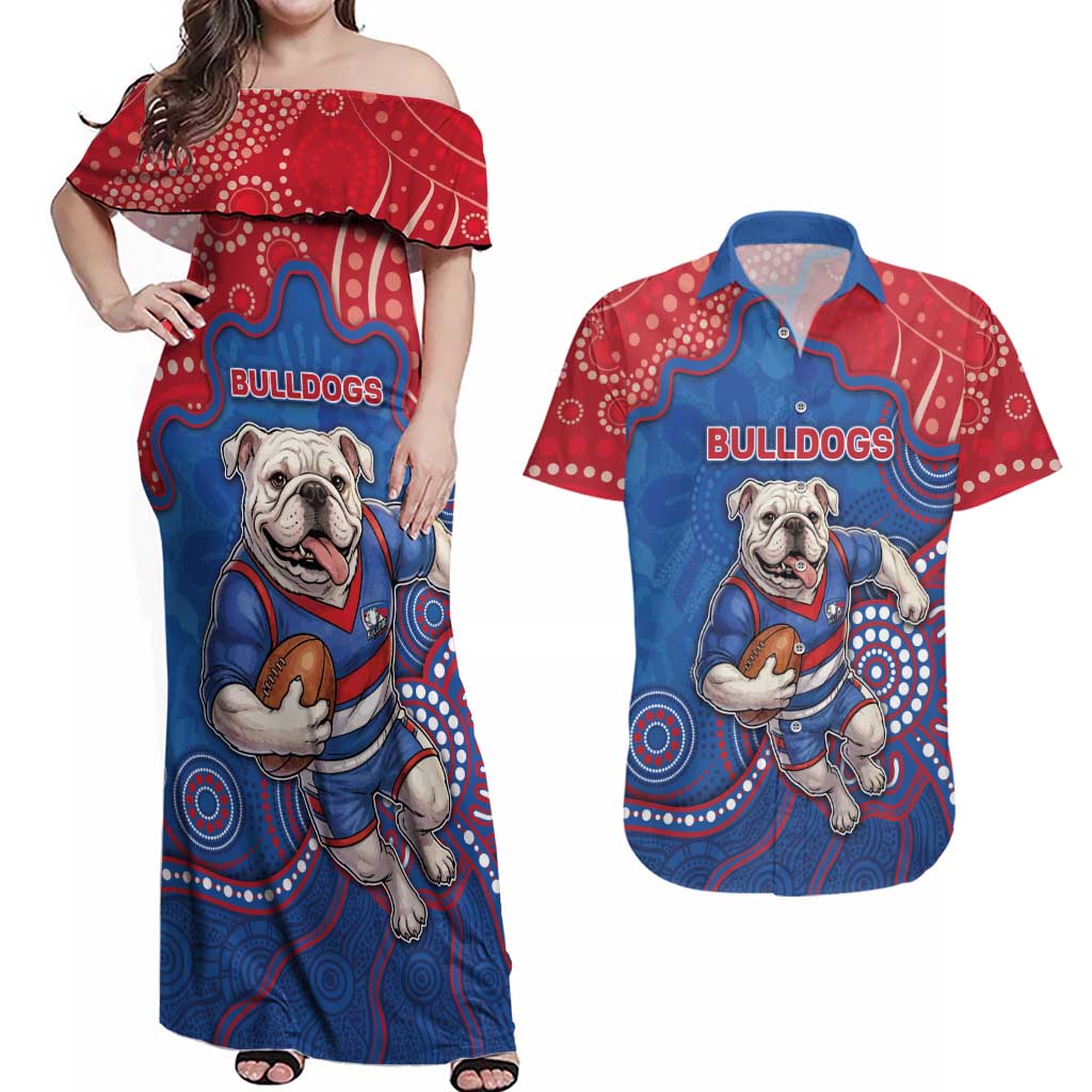 Custom Bulldogs Football Couples Matching Off Shoulder Maxi Dress and Hawaiian Shirt Aboriginal Dot Art Pattern