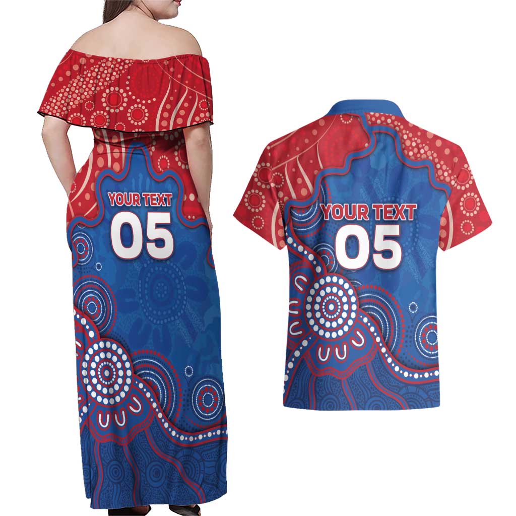 Custom Bulldogs Football Couples Matching Off Shoulder Maxi Dress and Hawaiian Shirt Aboriginal Dot Art Pattern