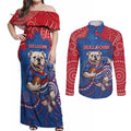 Custom Bulldogs Football Couples Matching Off Shoulder Maxi Dress and Long Sleeve Button Shirt Aboriginal Dot Art Pattern