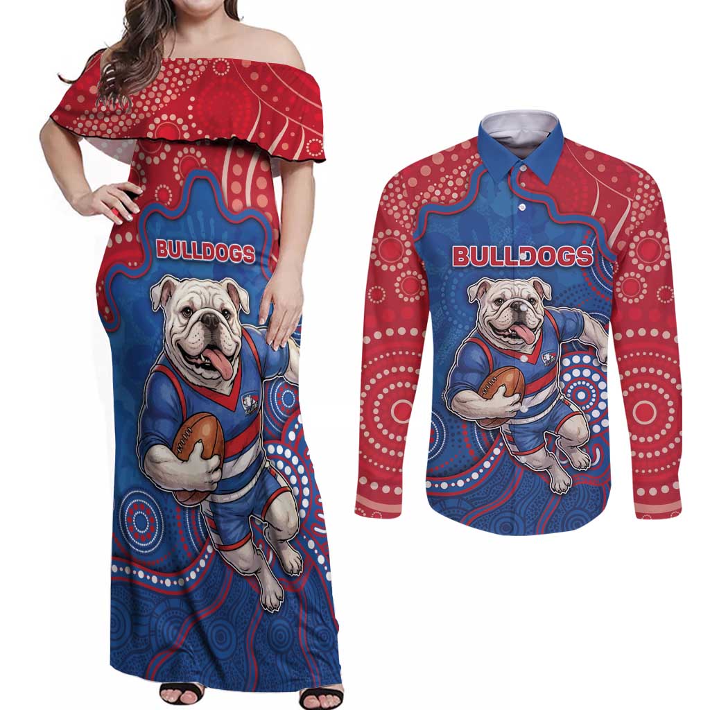 Custom Bulldogs Football Couples Matching Off Shoulder Maxi Dress and Long Sleeve Button Shirt Aboriginal Dot Art Pattern