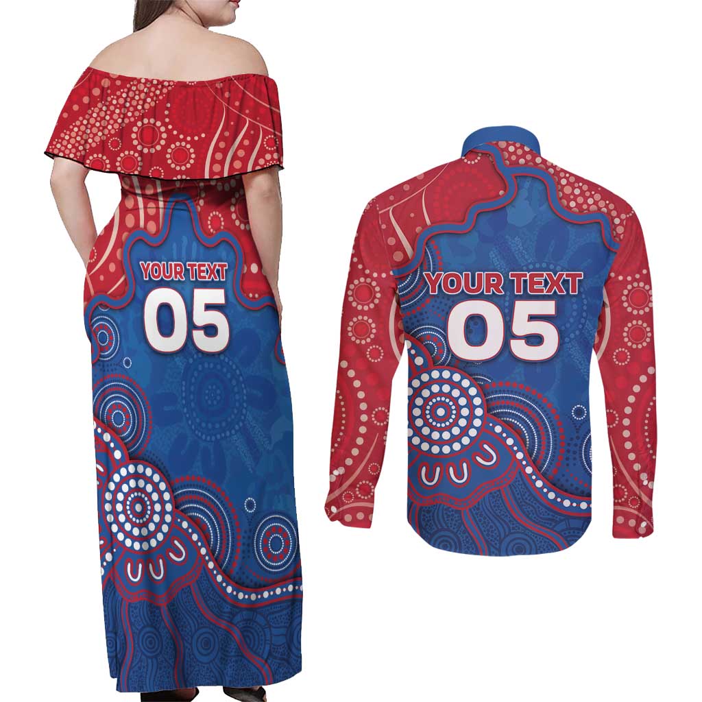 Custom Bulldogs Football Couples Matching Off Shoulder Maxi Dress and Long Sleeve Button Shirt Aboriginal Dot Art Pattern