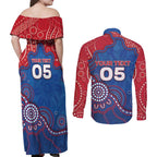 Custom Bulldogs Football Couples Matching Off Shoulder Maxi Dress and Long Sleeve Button Shirt Aboriginal Dot Art Pattern