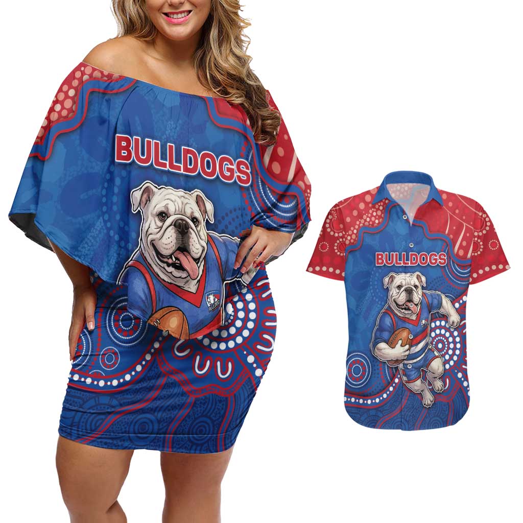 Custom Bulldogs Football Couples Matching Off Shoulder Short Dress and Hawaiian Shirt Aboriginal Dot Art Pattern
