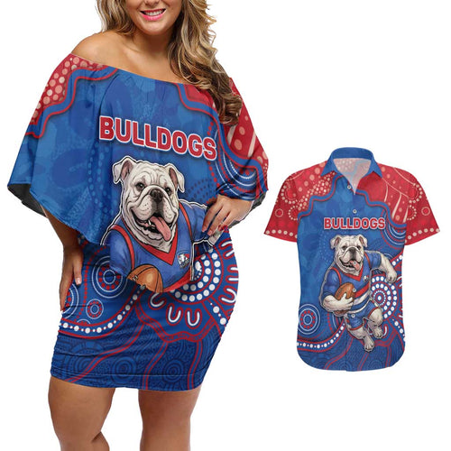 Custom Bulldogs Football Couples Matching Off Shoulder Short Dress and Hawaiian Shirt Aboriginal Dot Art Pattern