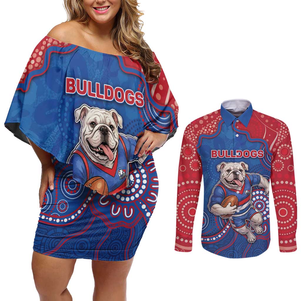 Custom Bulldogs Football Couples Matching Off Shoulder Short Dress and Long Sleeve Button Shirt Aboriginal Dot Art Pattern