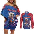Custom Bulldogs Football Couples Matching Off Shoulder Short Dress and Long Sleeve Button Shirt Aboriginal Dot Art Pattern