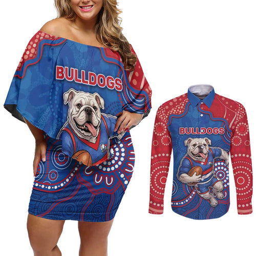 Custom Bulldogs Football Couples Matching Off Shoulder Short Dress and Long Sleeve Button Shirt Aboriginal Dot Art Pattern