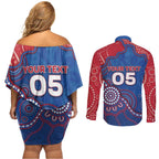 Custom Bulldogs Football Couples Matching Off Shoulder Short Dress and Long Sleeve Button Shirt Aboriginal Dot Art Pattern