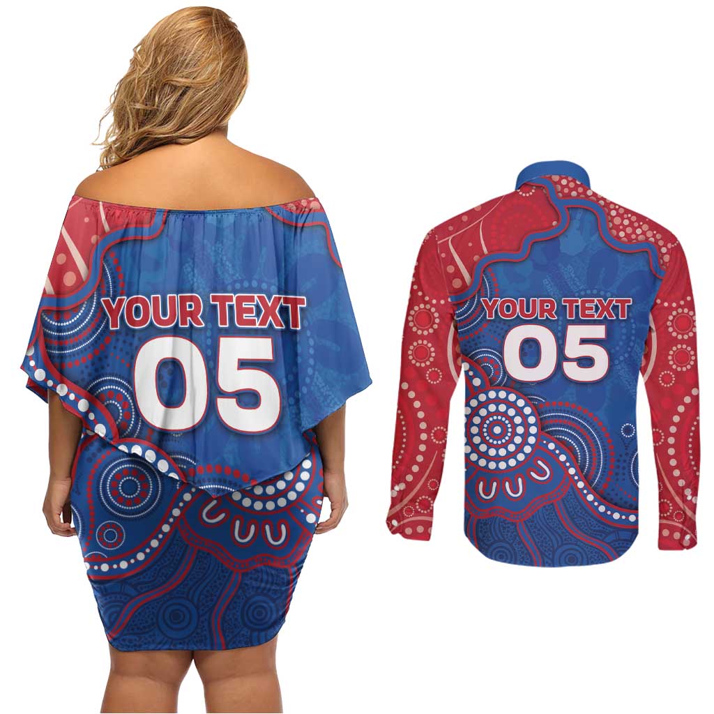 Custom Bulldogs Football Couples Matching Off Shoulder Short Dress and Long Sleeve Button Shirt Aboriginal Dot Art Pattern