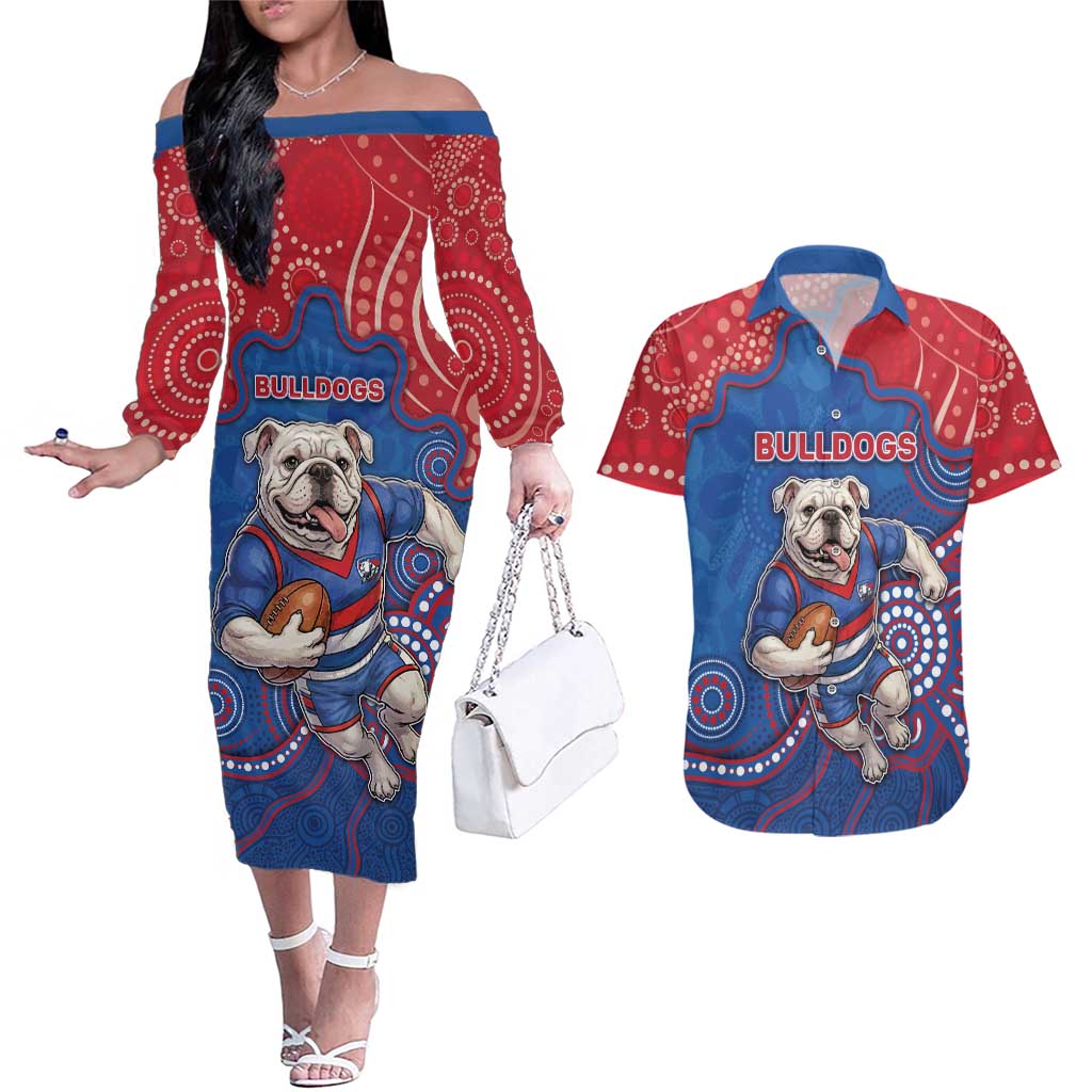 Custom Bulldogs Football Couples Matching Off The Shoulder Long Sleeve Dress and Hawaiian Shirt Aboriginal Dot Art Pattern