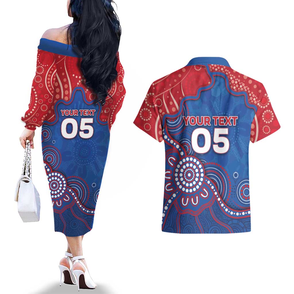 Custom Bulldogs Football Couples Matching Off The Shoulder Long Sleeve Dress and Hawaiian Shirt Aboriginal Dot Art Pattern