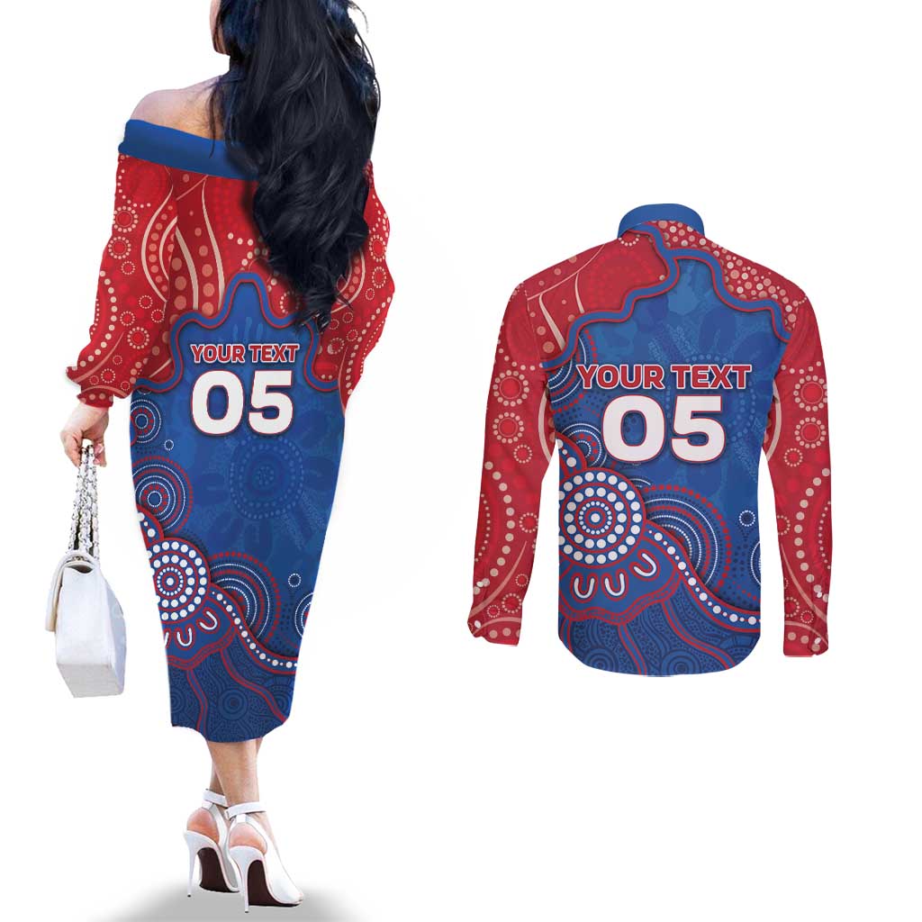 Custom Bulldogs Football Couples Matching Off The Shoulder Long Sleeve Dress and Long Sleeve Button Shirt Aboriginal Dot Art Pattern