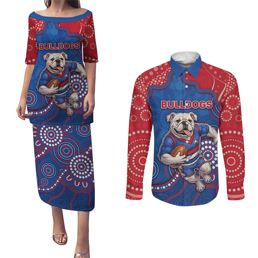 Custom Bulldogs Football Couples Matching Puletasi and Long Sleeve Button Shirt Aboriginal Dot Art Pattern