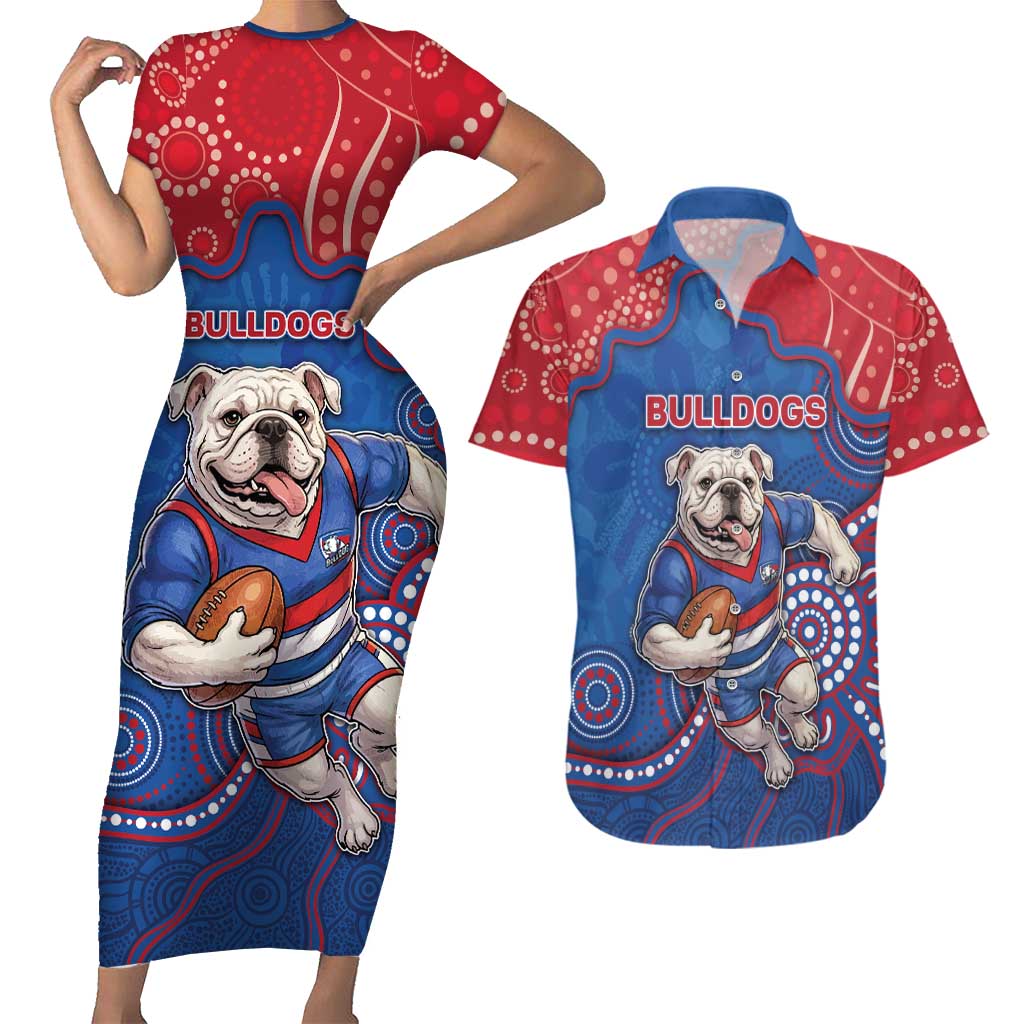 Custom Bulldogs Football Couples Matching Short Sleeve Bodycon Dress and Hawaiian Shirt Aboriginal Dot Art Pattern
