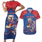 Custom Bulldogs Football Couples Matching Short Sleeve Bodycon Dress and Hawaiian Shirt Aboriginal Dot Art Pattern