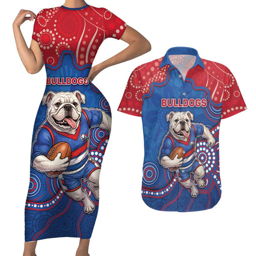 Custom Bulldogs Football Couples Matching Short Sleeve Bodycon Dress and Hawaiian Shirt Aboriginal Dot Art Pattern