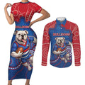 Custom Bulldogs Football Couples Matching Short Sleeve Bodycon Dress and Long Sleeve Button Shirt Aboriginal Dot Art Pattern