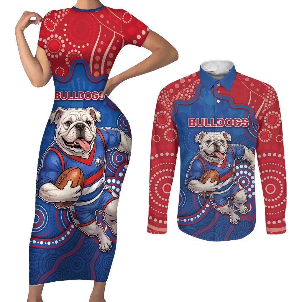 Custom Bulldogs Football Couples Matching Short Sleeve Bodycon Dress and Long Sleeve Button Shirt Aboriginal Dot Art Pattern