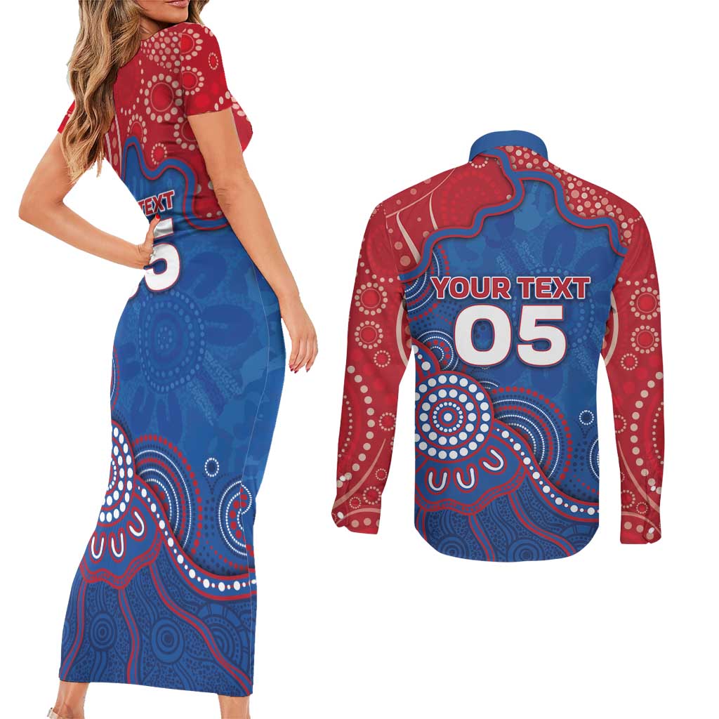 Custom Bulldogs Football Couples Matching Short Sleeve Bodycon Dress and Long Sleeve Button Shirt Aboriginal Dot Art Pattern