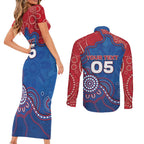 Custom Bulldogs Football Couples Matching Short Sleeve Bodycon Dress and Long Sleeve Button Shirt Aboriginal Dot Art Pattern